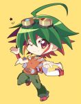  ahoge chibi goggles goggles_on_head green_hair green_pants male_focus multicolored_hair one_eye_closed pants pointing pointing_at_viewer red_eyes red_footwear red_hair rento_(rukeai) sakaki_yuuya shoes short_sleeves smile solo spiked_hair star yellow_background yuu-gi-ou yuu-gi-ou_arc-v 
