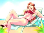  anklet bad_feet bangs beach beach_chair bikini bracelet commentary_request crossed_legs day feet_out_of_frame high_heels highres idolmaster idolmaster_cinderella_girls jewelry lipstick long_hair looking_at_viewer makeup nail_polish open_mouth orange_eyes orange_hair otochichi parted_bangs pink_lipstick plant reclining red_bikini red_nails solo sunlight swimsuit zaizen_tokiko 