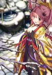  :d black_gloves blurry blush breasts depth_of_field eyebrows_visible_through_hair from_above gloves hair_between_eyes hair_ribbon holding holding_umbrella horns japanese_clothes kimono last_period looking_at_viewer medium_breasts niranome open_mouth oriental_umbrella pink_hair pointy_ears ponytail purple_eyes ribbon sly_(happy_elements) smile snow snowing solo standing tree_branch umbrella water yellow_ribbon 