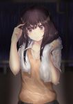  breasts brown_hair closed_mouth collarbone commentary_request enatsu eyebrows_visible_through_hair highres long_hair looking_at_viewer original purple_eyes shirt solo towel towel_around_neck upper_body water wet wet_clothes wet_hair wet_shirt 