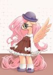  2018 blush bow brick brick_wall clothed clothing conbudou dress equine eyelashes eyewear feathered_wings feathers female floppy_ears fluttershy_(mlp) footwear friendship_is_magic full-length_portrait fully_clothed glasses hair hat hi_res hooves legwear lolita_(fashion) long_hair mammal my_little_pony pegasus pink_hair portrait semi-anthro shoes socks solo standing teal_eyes wings yellow_feathers 