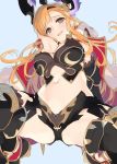  bangs black_gloves black_legwear blue_background blush breastplate breasts brown_eyes cape cleavage commentary_request elbow_gloves gloves granblue_fantasy hair_ornament hairband hand_behind_head hand_in_hair head_wings large_breasts long_hair looking_at_viewer navel open_mouth orange_hair sidelocks simple_background smile solo song_(granblue_fantasy) spread_legs squatting tatami_to_hinoki thighhighs thighs white_cape 