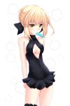 arms_behind_back artoria_pendragon_(all) artoria_pendragon_(swimsuit_rider_alter) bare_shoulders blonde_hair bow breasts cleavage cleavage_cutout collarbone cross_(crossryou) eyebrows_visible_through_hair fate/grand_order fate_(series) food food_in_mouth frills hair_bow halterneck highres leg_garter mouth_hold one-piece_swimsuit popsicle short_hair simple_background solo standing swimsuit yellow_eyes 