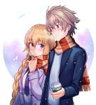  1girl blonde_hair blush braid brown_hair coat coffee_cup couple cup disposable_cup duffel_coat fate/apocrypha fate_(series) jeanne_d'arc_(fate) jeanne_d'arc_(fate)_(all) light_smile long_braid long_hair nyorotono plaid plaid_scarf purple_eyes red_eyes scarf sieg_(fate/apocrypha) single_braid very_long_hair winter_clothes winter_coat 