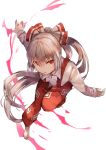  \||/ absurdres amamitsu_kousuke aura bangs barefoot bow breasts collared_shirt fujiwara_no_mokou full_body hair_between_eyes hair_bow highres leaning_forward leg_up long_hair long_sleeves looking_at_viewer medium_breasts ofuda ofuda_on_clothes pants parted_lips ponytail red_eyes red_pants serious shirt silver_hair simple_background solo standing standing_on_one_leg suspenders touhou v-shaped_eyebrows very_long_hair white_background white_bow white_shirt 