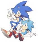  clenched_hand gloves green_eyes hedgehog looking_at_viewer male_focus multiple_persona red_footwear rento_(rukeai) sideways_mouth smile sonic sonic_the_hedgehog white_gloves 