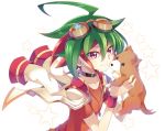  ahoge animal choker dog goggles goggles_on_head green_hair holding_dog looking_at_viewer male_focus multicolored_hair red_eyes red_hair red_shirt rento_(rukeai) sakaki_yuuya shirt short_sleeves smile solo star starry_background yuu-gi-ou yuu-gi-ou_arc-v 