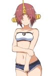  ^_^ absurdres bandeau bangs bare_arms bare_shoulders belt black_belt blue_shorts blush closed_eyes closed_mouth collarbone commentary_request cosplay cowboy_shot cutoffs denim denim_shorts eyebrows_visible_through_hair facing_viewer fate/apocrypha fate_(series) frankenstein's_monster_(fate) hair_over_eyes head_tilt highres horn mitchi mordred_(fate) mordred_(fate)_(all) mordred_(fate)_(cosplay) navel short_shorts shorts simple_background sketch smile solo white_background white_bandeau 