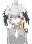  blush breasts closed_mouth collared_shirt commentary folded_ponytail grey_hair grey_shirt head_wings kemono_friends long_sleeves looking_at_viewer malice_stella medium_breasts multicolored_hair necktie shirt shoebill_(kemono_friends) side_ponytail simple_background solo upper_body white_background white_neckwear wing_collar yellow_eyes 