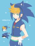  blonde_hair blue_hair blue_hoodie blue_pants censored cosplay directional_arrow english gloves green_eyes hand_on_hip identity_censor looking_at_viewer male_focus pants rento_(rukeai) sideways_mouth smile sonic sonic_(cosplay) sonic_the_hedgehog spiked_hair star white_gloves yuu-gi-ou yuu-gi-ou_arc-v yuugo_(yuu-gi-ou_arc-v) 