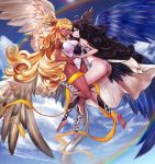  :d absurdres ahoge angel armlet ass bangs bare_shoulders barefoot black_hair blonde_hair blue_sky blush breasts cloud contrast covered_navel curly_hair dark_skin day fang feathered_wings full_body granblue_fantasy hair_between_eyes harut_(granblue_fantasy) head_wings highleg highleg_leotard highres holding_hands interlocked_fingers large_breasts leotard long_hair looking_at_viewer marut_(granblue_fantasy) multiple_girls open_mouth outdoors purple_eyes rainbow sky smile very_long_hair white_leotard wings ytoy 