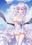  aaeru alternate_costume alternate_hairstyle arm_behind_back azur_lane bangs blue_eyes blue_sky blush breasts bridal_veil bride cleavage cloud collarbone commentary_request cowboy_shot day dress elbow_gloves eyebrows_visible_through_hair flight_deck flower garter_straps gloves hair_flower hair_ornament hair_ribbon hand_up highres illustrious_(azur_lane) jewelry large_breasts long_hair looking_at_viewer mole mole_under_eye no_bra outdoors ribbon sky smile solo sparkle sun thighhighs thighs tied_hair tress_ribbon veil wedding_dress white_dress white_hair white_legwear 