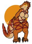  2018 anthro bdsm bondage bound breasts dinosaur featureless_breasts female nude raptor reptile rope rope_bondage rope_harness scalie solo tail_bondage theropod thick_thighs trout_(artist) 