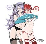  2girls assisted_exposure black_bra blush bra breasts camilla_(fire_emblem_if) cleavage fire_emblem fire_emblem_if futanari garter_straps hair_over_one_eye heart hinoka_(fire_emblem_if) lingerie long_hair multiple_girls navel nimji open_mouth penis purple_eyes purple_hair red_eyes red_hair samanator_club short_hair small_breasts smile spoken_heart stomach sweater testicles thighhighs third-party_edit uncensored underwear 