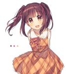  :d arms_behind_back bangs blush brown_dress brown_eyes brown_hair collarbone commentary_request dress eyebrows_visible_through_hair head_tilt idolmaster idolmaster_cinderella_girls long_sleeves looking_at_viewer minamiya_mia ogata_chieri open_mouth plaid plaid_dress shirt sidelocks simple_background smile solo twintails unmoving_pattern white_background white_shirt 
