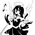  1girl alice_(bendy_and_the_ink_machine) bendy_and_the_ink_machine black_hair breasts gloves halo horns long_hair microphone solo wings 