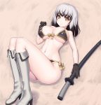  asamura_hiori black_gloves black_hair boots breasts commentary_request gloves high_heel_boots high_heels highres katana large_breasts long_hair navel satsuki_yomi solo swimsuit sword toji_no_miko weapon white_hair yellow_eyes 