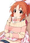  1girl abe_nana bangs blanket bow cup eyebrows_visible_through_hair hair_bow idolmaster idolmaster_cinderella_girls long_sleeves looking_at_viewer mug omaru_gyuunyuu orange_eyes orange_hair pleated_skirt ponytail simple_background sitting skirt solo sweater white_background 