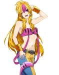  :d armlet bandeau bangs bare_shoulders belt belt_buckle blonde_hair blue_pants breasts buckle cresselia earrings eyebrows_visible_through_hair gen_4_pokemon groin hair_between_eyes hand_on_thigh hand_to_head hand_up hoop_earrings jewelry katagiri_hachigou legendary_pokemon long_hair looking_at_viewer medium_breasts multicolored_hair multicolored_pants nail_polish navel one_eye_closed open_mouth pants personification pink_nails pokemon purple_eyes purple_hair simple_background smile white_background yellow_belt yellow_pants 