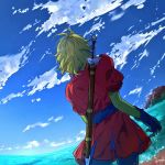  blonde_hair blue_gloves blue_sky cloud cowboy_shot day dragon_quest dragon_quest_vii facing_away from_behind gloves haru_hikoya kiefer male_focus ocean outdoors puffy_short_sleeves puffy_sleeves short_sleeves signature sky solo sword sword_behind_back water weapon 