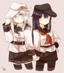  adjusting_clothes adjusting_hat akatsuki_(kantai_collection) anchor_symbol artist_name belt black_hat black_legwear black_skirt blue_eyes blush buttons closed_mouth collarbone commentary cowboy_shot eyebrows_visible_through_hair flat_cap hair_between_eyes hammer_and_sickle hand_on_hip hat hibiki_(kantai_collection) holding_hands ina_(1813576) interlocked_fingers jacket kantai_collection long_hair long_sleeves looking_at_another multiple_girls neckerchief pantyhose pleated_skirt purple_eyes purple_hair red_neckwear remodel_(kantai_collection) school_uniform serafuku silver_hair simple_background skirt smile sparkle star thighhighs verniy_(kantai_collection) white_hair white_hat white_jacket 