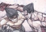  abs absurdres bared_teeth battle black_hair blue_eyes clenched_hands commentary_request dodging father_and_son hair_slicked_back highres kazama_jin male_focus mishima_kazuya multiple_boys muscle pectorals punching red_eyes scar shirtless tekken yoshihara_motoki 