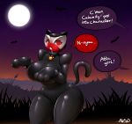  2016 ambient_bat anthro averyshadydolphin bat big_breasts blush breasts calamity clothing costume dragon female halloween hi_res holidays looking_at_viewer mammal moon night outside red_eyes rubber rubber_suit scalie solo speech_bubble star thick_thighs unseen_character 