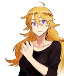  ahoge blonde_hair casual kuroda_(nanchara_flight) lavender_eyes long_hair looking_at_viewer purple_eyes raised_eyebrows rwby solo upper_body white_background yang_xiao_long 