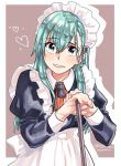  alternate_costume apron aqua_eyes aqua_hair ascot blush commentary eyebrows_visible_through_hair fingernails frills green_eyes green_hair hair_between_eyes hair_ornament hairclip heart kantai_collection long_hair long_sleeves looking_at_viewer maid maid_apron maid_headdress orange_neckwear sagamiso smile solo suzuya_(kantai_collection) teeth twitter_username uniform upper_body 