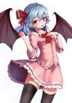  bare_shoulders bat_wings black_legwear blue_hair blush bracelet clenched_hand cowboy_shot eyebrows_visible_through_hair fang hair_ribbon highres jewelry long_sleeves looking_at_viewer no_hat no_headwear open_mouth pink_skirt red_eyes remilia_scarlet ribbon short_hair simple_background skirt snozaki solo thighhighs touhou white_background wings zettai_ryouiki 