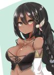  absurdres areolae arms_behind_back azur_lane bare_shoulders black_hair braid breasts bright_pupils bustier commentary dark_skin detached_sleeves green_background hair_between_eyes hair_ornament highres large_breasts long_hair long_sleeves looking_at_viewer malice_stella native_american parted_lips simple_background single_braid solo south_dakota_(azur_lane) upper_body yellow_eyes 
