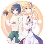  &gt;:) :o anzu_(hinamatsuri) aqua_eyes aqua_hair beige_shirt blonde_hair bousouzoku bowl brown_eyes clothes_writing commentary food green_shorts gym_shorts hair_ribbon highres hina_(hinamatsuri) hinamatsuri_(manga) holding holding_bowl holding_food ikura_(food) multiple_girls nyaa_(nnekoron) oversized_clothes pants ribbon short_hair shorts side-by-side side_ponytail smile sparkle sweatshirt v-shaped_eyebrows white_coat white_pants 