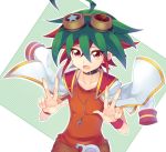  ahoge choker double_v goggles goggles_on_head green_background green_hair looking_at_viewer male_focus multicolored_hair open_mouth polka_dot polka_dot_background red_eyes red_hair red_shirt rento_(rukeai) sakaki_yuuya shirt short_sleeves solo spiked_hair star sweatdrop v yuu-gi-ou yuu-gi-ou_arc-v 