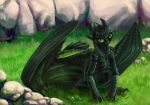  2010 claws detailed_background digital_media_(artwork) dragon feral green_eyes how_to_train_your_dragon looking_at_viewer membranous_wings neboveria night_fury sitting solo toothless wings 