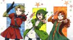  2boys :d arm_up belt black_eyes black_gloves black_hair blonde_hair blue_eyes brown_hair closed_mouth commentary_request curly_hair dragon_quest dragon_quest_vii gloves green_eyes haru_hikoya head_scarf hero_(dq5) kiefer looking_at_viewer maribel_(dq7) multiple_boys open_mouth puffy_short_sleeves puffy_sleeves short_sleeves smile star tunic 