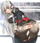  1girl android armor artist_request ass ass_grab blue_eyes blush bodysuit breasts cameltoe deep_skin from_behind gloves headgear horizon_ariadust huge_ass kyoukaisenjou_no_horizon long_hair looking_at_viewer looking_back open_mouth pantyhose shiny shiny_clothes shiny_hair sideboob silver_hair solo tears thong torn_clothes torn_pantyhose very_long_hair 