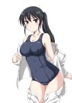  bare_shoulders black_eyes black_hair breasts cameltoe collarbone commentary_request covered_nipples cowboy_shot highres large_breasts leaning_forward long_hair looking_at_viewer one-piece_swimsuit ponytail sakamoto_mio school_swimsuit shirt simple_background solo strike_witches swimsuit swimsuit_under_clothes thigh_gap undressing wan'yan_aguda white_background white_shirt world_witches_series 