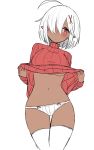  ahoge breasts clothes_lift commentary cowboy_shot dark_elf dark_skin elf hair_ornament head_tilt large_breasts lifted_by_self long_sleeves looking_at_viewer malice-chan_(malice_stella) malice_stella navel original panties parted_lips pointy_ears red_eyes ribbed_sweater simple_background solo sweater sweater_lift thigh_gap thighhighs underboob underwear white_background white_hair white_legwear white_panties x_hair_ornament 