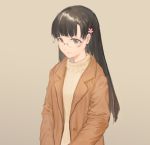  bangs bespectacled black_eyes black_hair blunt_bangs coat commentary enden flower glasses hair_flower hair_ornament idolmaster idolmaster_cinderella_girls kobayakawa_sae light_smile long_hair open_clothes open_coat rimless_eyewear simple_background solo sweater turtleneck turtleneck_sweater upper_body 