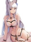  animal_ears bangs bare_shoulders blue_eyes blunt_bangs bracelet breasts cleavage commentary_request erune flower granblue_fantasy hair_flower hair_ornament highres jewelry koretsuki_azuma korwa long_hair looking_at_viewer medium_breasts parted_lips sidelocks simple_background sitting smile solo teeth thighlet white_background 