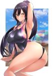  absurdres arm_up armpits ass ball beachball black_hair breasts competition_swimsuit fujitsubo_(hujitubo0731) highres idolmaster idolmaster_shiny_colors large_breasts long_hair looking_at_viewer one-piece_swimsuit ponytail shirase_sakuya smile solo swimsuit thighs twisted_torso very_long_hair yellow_eyes 