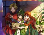  2boys black_gloves black_hair blonde_hair blue_eyes brown_hair chameleon closed_mouth commentary_request crepe curly_hair dragon_quest dragon_quest_vii dress eating food gloves haru_hikoya head_scarf hero_(dq7) holding holding_food kiefer long_hair long_sleeves maribel_(dq7) multiple_boys open_mouth puffy_short_sleeves puffy_sleeves short_sleeves sunlight 