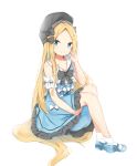  abigail_williams_(fate/grand_order) absurdres bangs beret black_bow black_hat blonde_hair blue_dress blue_footwear bow closed_mouth collarbone commentary_request dress eyebrows_visible_through_hair fate/grand_order fate_(series) fingernails forehead full_body hair_bow hand_up hat highres long_hair mary_janes parted_bangs shoes simple_background sitting sleeveless sleeveless_dress slit_pupils smile socks solo very_long_hair white_background white_bow white_legwear yukaa 