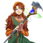  bangs blue_eyes brown_hair curly_hair dragon_quest dragon_quest_vii dress green_eyes haru_hikoya head_scarf holding holding_staff long_hair long_sleeves maribel_(dq7) parted_lips simple_background solo staff upper_body weapon white_background 