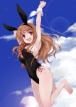  animal_ears arm_behind_head arms_up bare_legs barefoot blue_sky brown_eyes brown_hair bunny_ears bunny_tail bunnysuit cloud day full_body girls_und_panzer long_hair open_mouth outdoors sky smile solo tail takebe_saori upper_teeth wrist_cuffs yumesato_makura 