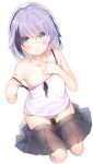  ass_visible_through_thighs bangs bare_arms bare_shoulders black_hair black_skirt blue_eyes blush breasts camisole closed_mouth collarbone commentary_request fingernails full_body hair_between_eyes hands_up highres kinukawa_chinatsu looking_at_viewer multicolored_hair nipples original panties pleated_skirt purple_hair purple_panties short_hair skirt skirt_pull small_breasts solo strap_slip streaked_hair tsunekichi underwear white_background white_camisole 