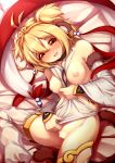  :d andira_(granblue_fantasy) animal_ears bed_sheet blonde_hair blush breasts commentary_request detached_sleeves eyebrows_visible_through_hair fur-trimmed_sleeves fur_trim granblue_fantasy hair_between_eyes highres inverted_nipples looking_at_viewer medium_breasts monkey_ears monkey_tail nipples nose_blush open_mouth orange_eyes psychopath_idiot pussy pussy_juice short_hair smile solo sweat tail 