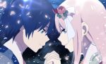 1girl blue_eyes blue_hair closed_mouth commentary_request couple darling_in_the_franxx eyeshadow fingernails flower from_side hair_flower hair_ornament hand_up hetero hiro_(darling_in_the_franxx) holding_hand horns interlocked_fingers jacket long_hair maiko_(mimi) makeup parted_lips petals pink_hair profile smile uniform zero_two_(darling_in_the_franxx) 