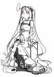  1girl absurdly_long_hair bare_shoulders commentary_request euryale fate/hollow_ataraxia fate_(series) full_body greyscale hairband lolita_hairband long_hair monochrome purple_eyes sandals shadow sitting sketch solo spoken_ellipsis spot_color twintails very_long_hair white_background wwwwondefulwater 