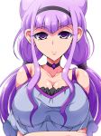  1girl aokura_shou bangs bare_shoulders blunt_bangs breasts choker cleavage collarbone eyebrows_visible_through_hair floating_hair hairband highres hugtto!_precure large_breasts long_hair looking_at_viewer lulu_(precure) precure purple_eyes purple_hair shirt solo twintails upper_body white_shirt 